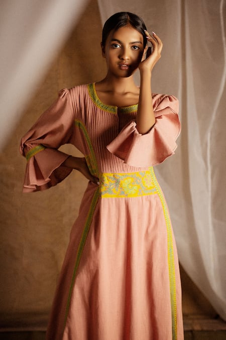 Latha Puttanna Peach Cotton Embroidery Round Pintuck Kurta And Pant Set at Aza Fashions Latha Puttanna_Peach Cotton Embroidery Round Pintuck Kurta And Pant Set _at_Aza_Fashions