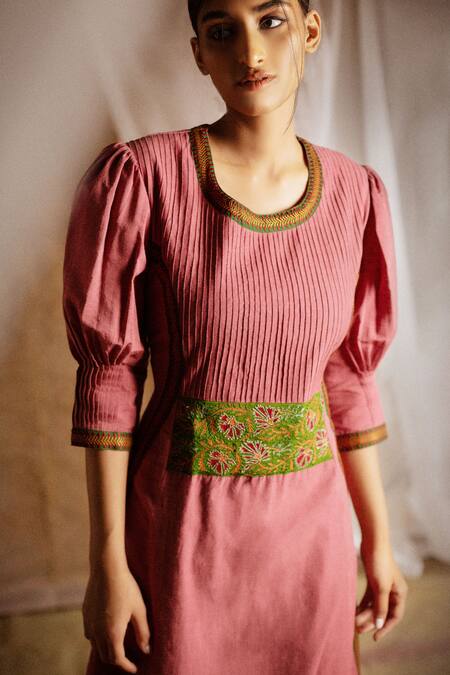 Shop Latha Puttanna Pink Cotton Embroidery Round Pintuck Kurta And Pant Set Online at Aza Fashions Shop_Latha Puttanna_Pink Cotton Embroidery Round Pintuck Kurta And Pant Set _Online_at_Aza_Fashions