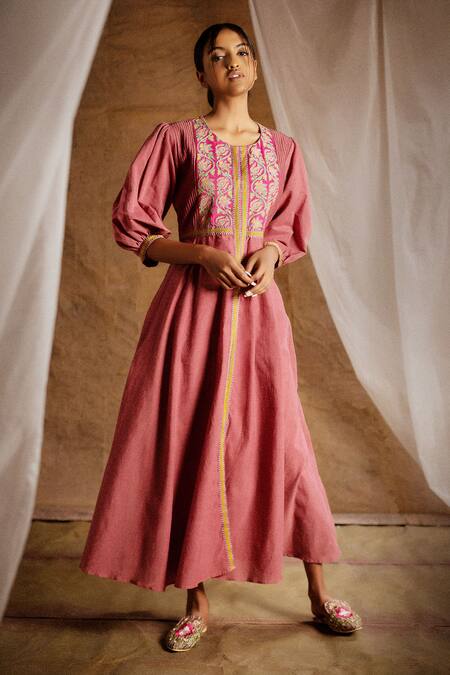 Latha Puttanna_Pink Cotton Embroidery Round Pintuck Jacket Kurta And Pant Set _Online_at_Aza_Fashions