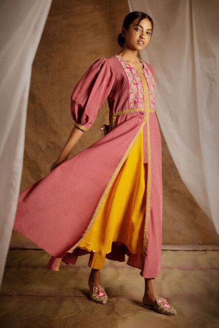 Buy_Latha Puttanna_Pink Cotton Embroidery Round Pintuck Jacket Kurta And Pant Set _Online_at_Aza_Fashions