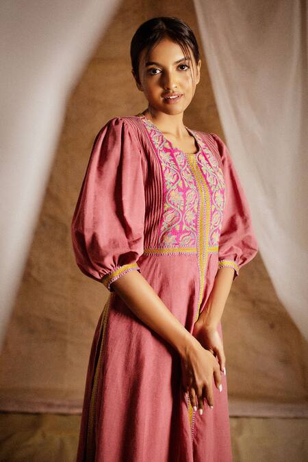 Shop_Latha Puttanna_Pink Cotton Embroidery Round Pintuck Jacket Kurta And Pant Set _Online_at_Aza_Fashions