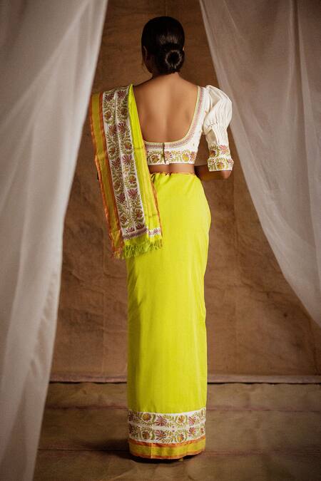 Shop_Latha Puttanna_Green Mangalagiri Cotton, Pure Silk Scoop Neck Saree With Blouse_at_Aza_Fashions