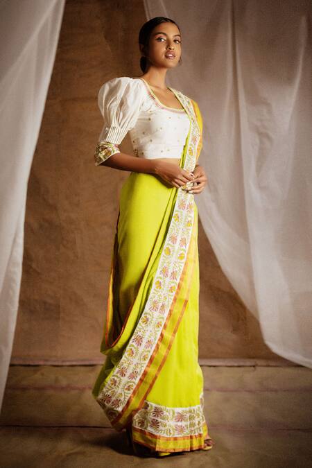 Latha Puttanna_Green Mangalagiri Cotton, Pure Silk Scoop Neck Saree With Blouse_Online_at_Aza_Fashions