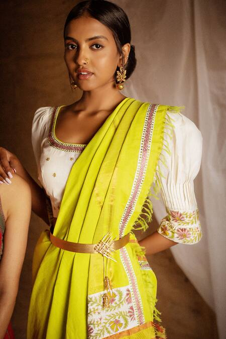 Shop_Latha Puttanna_Green Mangalagiri Cotton, Pure Silk Scoop Neck Saree With Blouse_Online_at_Aza_Fashions