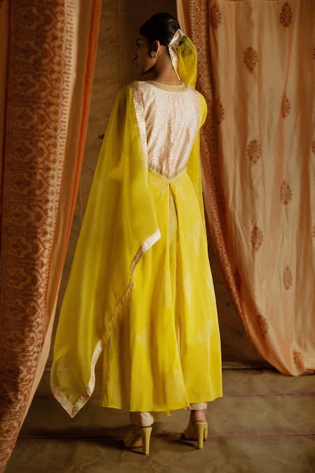 Shop Latha Puttanna Yellow Chanderi Embroidery Round Hand Block Print Anarkali Set at Aza Fashions Shop_Latha Puttanna_Yellow Chanderi Embroidery Round Hand Block Print Anarkali Set _at_Aza_Fashions