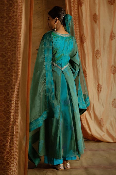 Shop Latha Puttanna Blue Chanderi, Silk Organza Round Hand Block Print Anarkali Set at Aza Fashions Shop_Latha Puttanna_Blue Chanderi, Silk Organza Round Hand Block Print Anarkali Set _at_Aza_Fashions