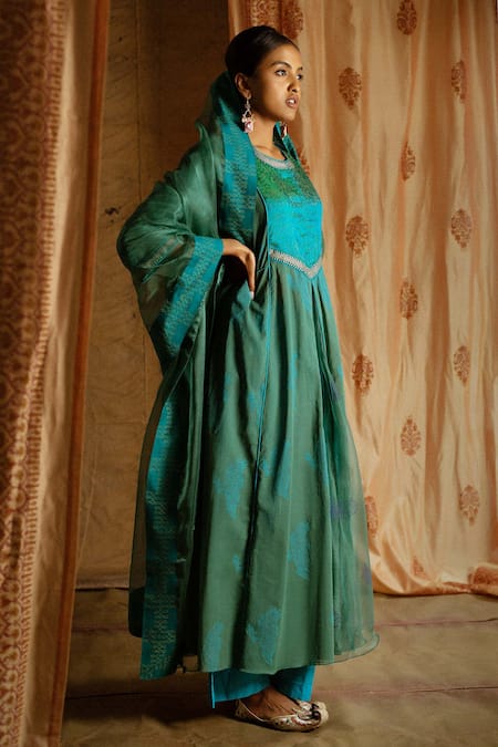 Latha Puttanna Blue Chanderi, Silk Organza Round Hand Block Print Anarkali Set Online at Aza Fashions Latha Puttanna_Blue Chanderi, Silk Organza Round Hand Block Print Anarkali Set _Online_at_Aza_Fashions