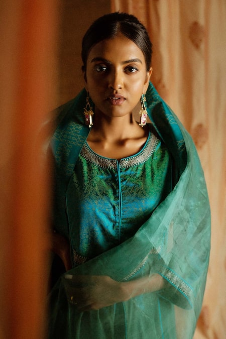 Buy Latha Puttanna Blue Chanderi, Silk Organza Round Hand Block Print Anarkali Set Online at Aza Fashions Buy_Latha Puttanna_Blue Chanderi, Silk Organza Round Hand Block Print Anarkali Set _Online_at_Aza_Fashions