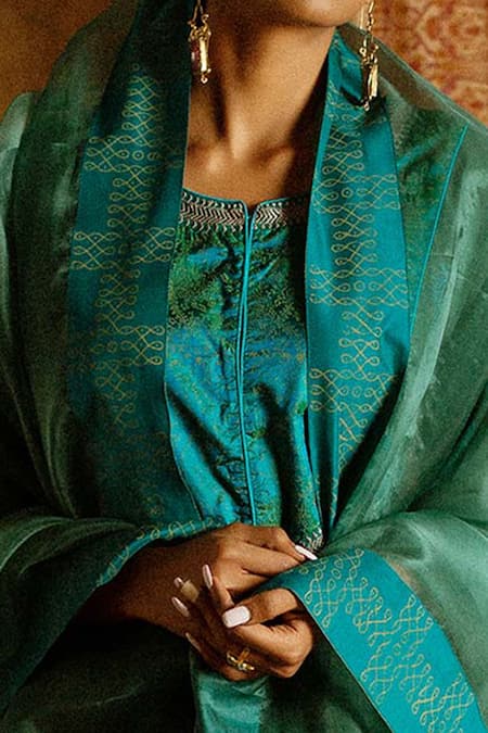 Shop Latha Puttanna Blue Chanderi, Silk Organza Round Hand Block Print Anarkali Set Online at Aza Fashions Shop_Latha Puttanna_Blue Chanderi, Silk Organza Round Hand Block Print Anarkali Set _Online_at_Aza_Fashions