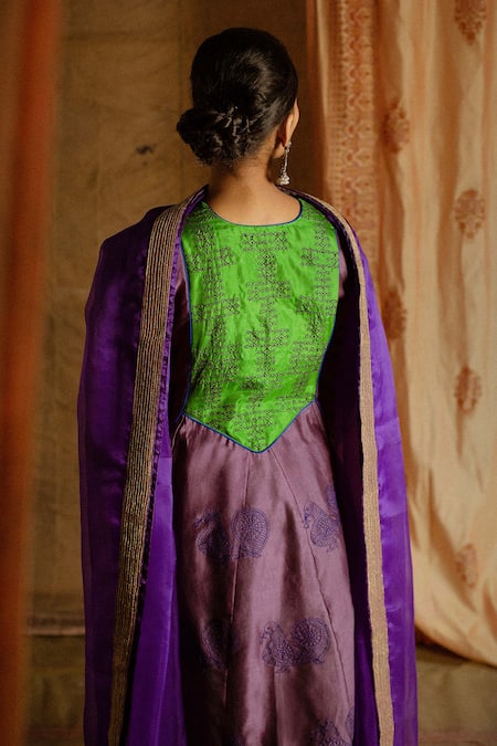 Shop_LATHA PUTTANNA_Purple Chanderi Embroidery Round Anarkali Set _Online_at_Aza_Fashions