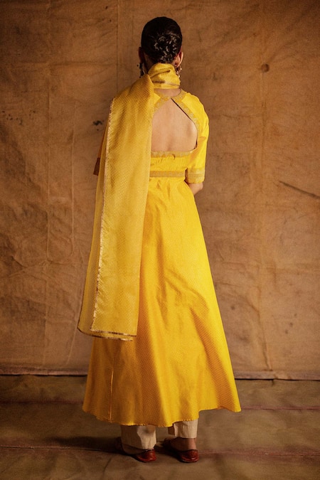 Shop Latha Puttanna Yellow Chanderi Embroidery Round Pintuck Anarkali Set at Aza Fashions Shop_Latha Puttanna_Yellow Chanderi Embroidery Round Pintuck Anarkali Set _at_Aza_Fashions