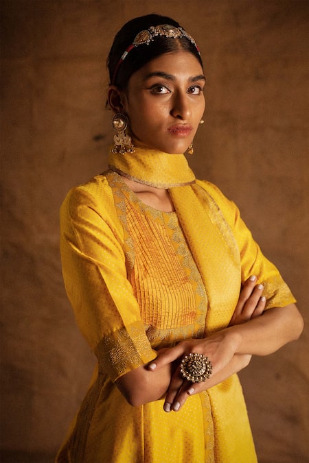 Buy Latha Puttanna Yellow Chanderi Embroidery Round Pintuck Anarkali Set Online at Aza Fashions Buy_Latha Puttanna_Yellow Chanderi Embroidery Round Pintuck Anarkali Set _Online_at_Aza_Fashions