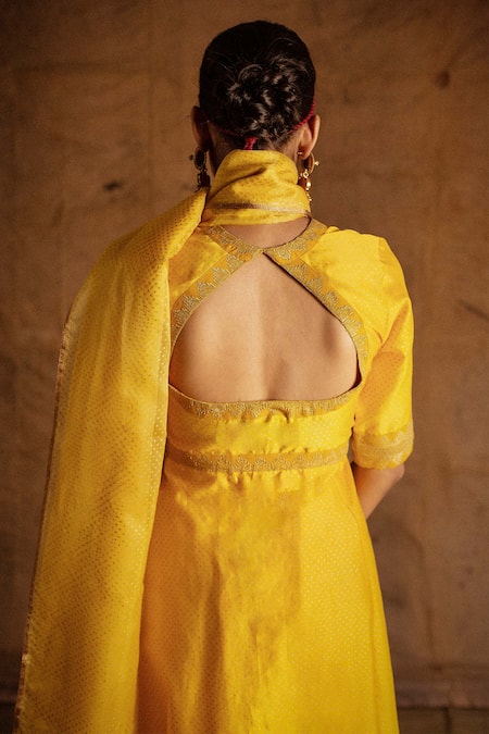 Shop Latha Puttanna Yellow Chanderi Embroidery Round Pintuck Anarkali Set Online at Aza Fashions Shop_Latha Puttanna_Yellow Chanderi Embroidery Round Pintuck Anarkali Set _Online_at_Aza_Fashions