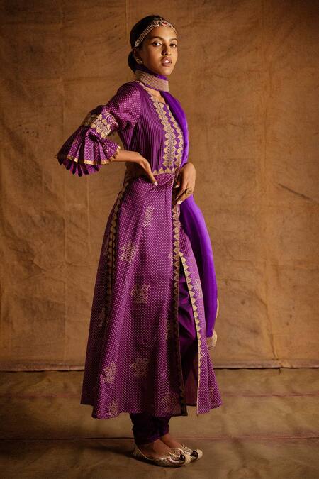 Latha Puttanna_Purple Chanderi Embroidery Round Pintuck Anarkali Set _Online_at_Aza_Fashions