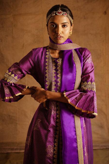 Shop_Latha Puttanna_Purple Chanderi Embroidery Round Pintuck Anarkali Set _Online_at_Aza_Fashions