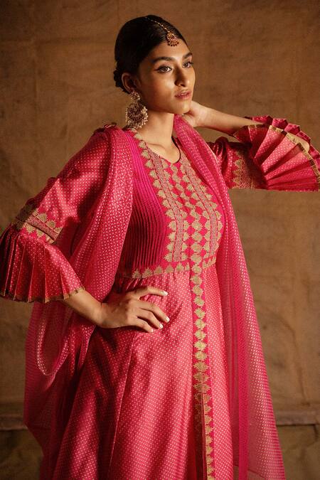 Latha Puttanna_Pink Chanderi Embroidery Round Pintuck Anarkali Set _Online_at_Aza_Fashions