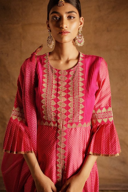 Shop_Latha Puttanna_Pink Chanderi Embroidery Round Pintuck Anarkali Set _Online_at_Aza_Fashions