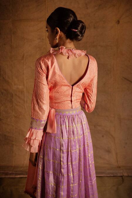 Shop_LATHA PUTTANNA_Purple Banarasi Silk Embroidery V Neck Lehenga Set _at_Aza_Fashions
