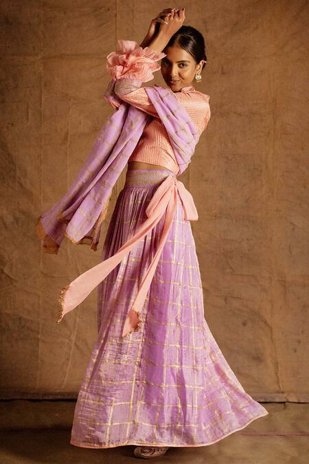Buy_LATHA PUTTANNA_Purple Banarasi Silk Embroidery V Neck Lehenga Set _Online_at_Aza_Fashions