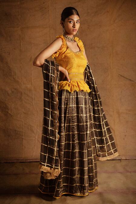 Latha Puttanna_Black Banarasi Silk Embroidery Scoop Neck Lehenga Set _Online_at_Aza_Fashions