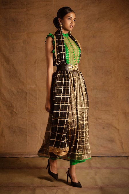 Latha Puttanna_Black Banarasi Tissue Embroidery Stand Collar Kurta With Dupatta  _Online_at_Aza_Fashions