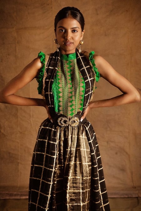 Buy_Latha Puttanna_Black Banarasi Tissue Embroidery Stand Collar Kurta With Dupatta  _Online_at_Aza_Fashions