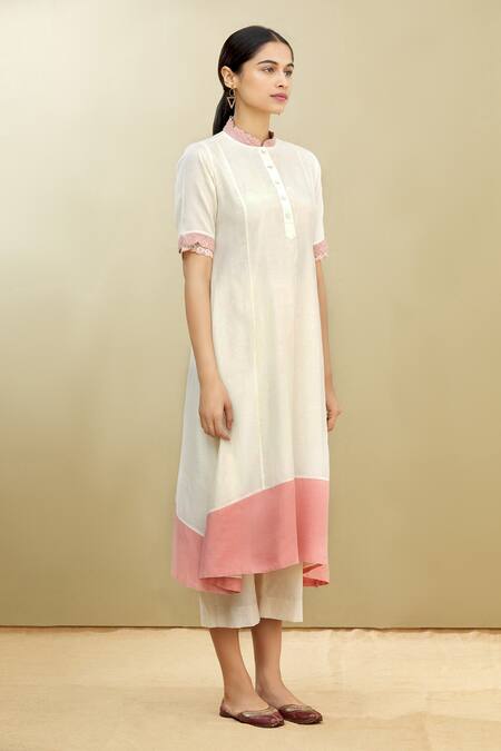 Buy_Brij_White Chanderi, Kora, Mulmul Mandarin Collar Tunic_Online_at_Aza_Fashions