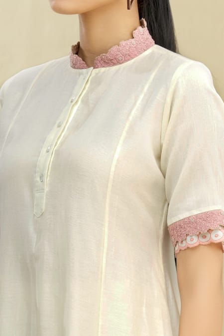 Brij_White Chanderi, Kora, Mulmul Mandarin Collar Tunic_at_Aza_Fashions
