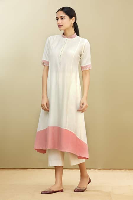 Shop_Brij_White Chanderi, Kora, Mulmul Mandarin Collar Tunic_Online_at_Aza_Fashions