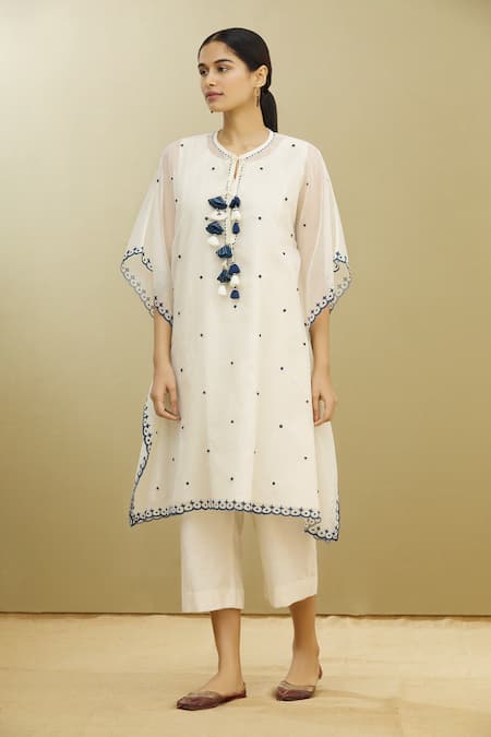 Buy_Brij_White Flex Cotton, Moonga Kota Doriya Round Asymmetric Kaftan Tunic _Online_at_Aza_Fashions