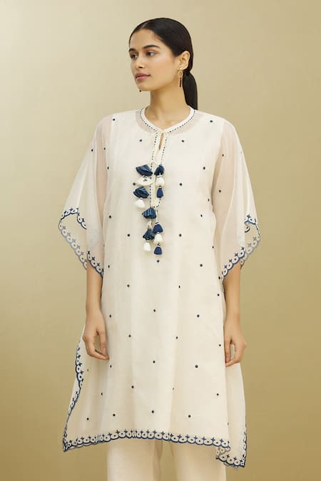 Brij White Moonga Kota Doriya Embroidery Round Asymmetric Kaftan Tunic  