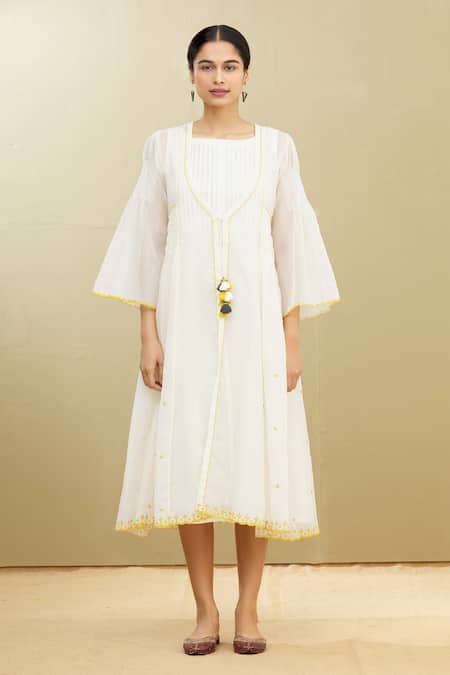 Buy_Brij_White Flex Cotton, Moonga Kota Doriya Boat Dress With Tie-up Jacket_Online_at_Aza_Fashions