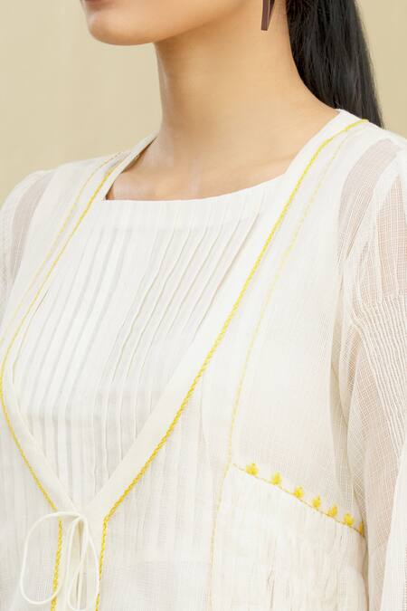 Brij_White Flex Cotton, Moonga Kota Doriya Boat Dress With Tie-up Jacket_at_Aza_Fashions