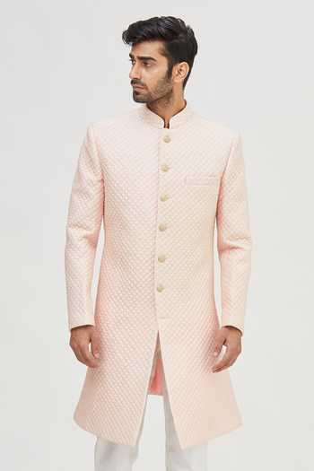 Shop Arihant Rai Sinha Peach Silk Quilted Sherwani Set With Stylized Buttons Online at Aza Fashions Shop_Arihant Rai Sinha_Peach Silk Quilted Sherwani Set With Stylized Buttons _Online_at_Aza_Fashions