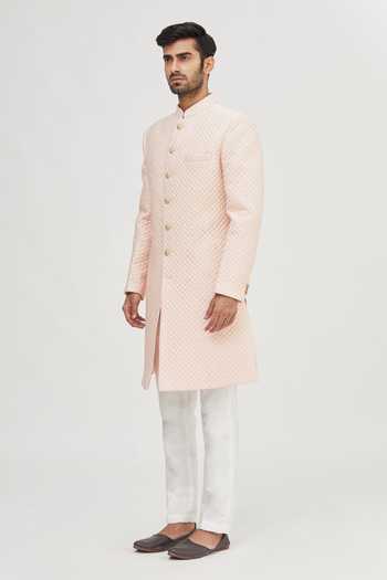 Arihant Rai Sinha Peach Silk Quilted Sherwani Set With Stylized Buttons Online at Aza Fashions Arihant Rai Sinha_Peach Silk Quilted Sherwani Set With Stylized Buttons _Online_at_Aza_Fashions