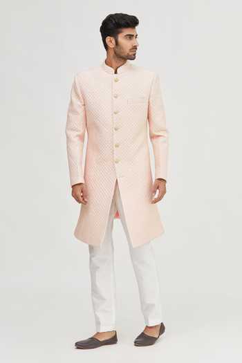 Buy Arihant Rai Sinha Peach Silk Quilted Sherwani Set With Stylized Buttons Online at Aza Fashions Buy_Arihant Rai Sinha_Peach Silk Quilted Sherwani Set With Stylized Buttons _Online_at_Aza_Fashions