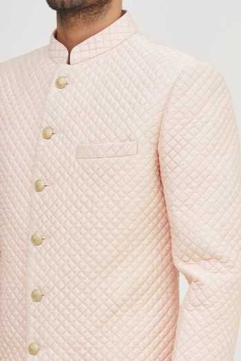 Arihant Rai Sinha Peach Silk Quilted Sherwani Set With Stylized Buttons at Aza Fashions Arihant Rai Sinha_Peach Silk Quilted Sherwani Set With Stylized Buttons _at_Aza_Fashions