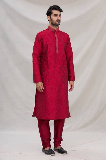 Arihant Rai Sinha_Maroon Silk Embroidery Kurta Set_Online_at_Aza_Fashions