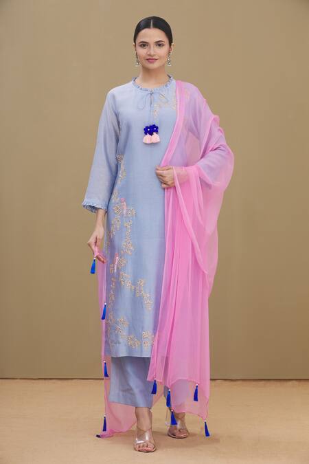 Buy_Surabhi Arya_Blue Kurta And Palazzo Chanderi Dupatta Chiffon Round Set_Online_at_Aza_Fashions