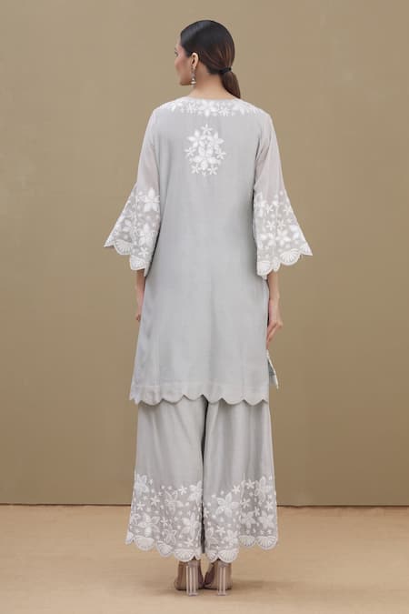 Shop_Surabhi Arya_Grey Kurta And Palazzo Chanderi Dupatta Chiffon Round Embroidered Set _at_Aza_Fashions