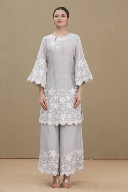 Surabhi Arya_Grey Kurta And Palazzo Chanderi Dupatta Chiffon Round Embroidered Set _Online_at_Aza_Fashions
