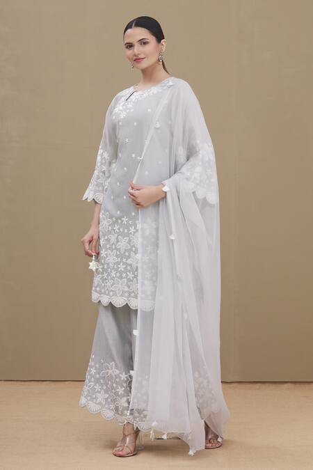 Buy_Surabhi Arya_Grey Kurta And Palazzo Chanderi Dupatta Chiffon Round Embroidered Set _Online_at_Aza_Fashions
