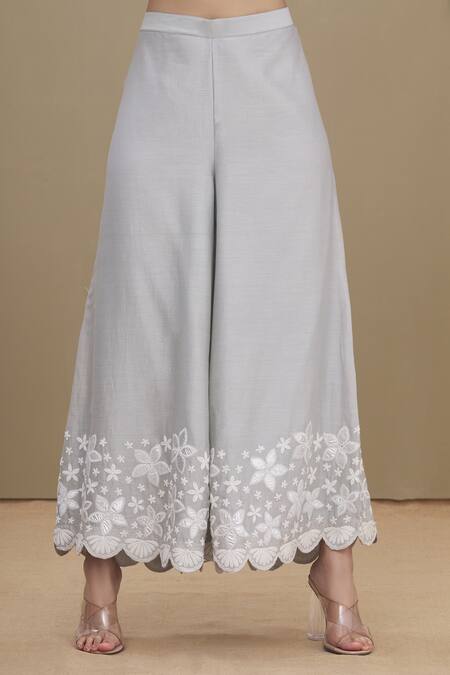 Shop_Surabhi Arya_Grey Kurta And Palazzo Chanderi Dupatta Chiffon Round Embroidered Set _Online_at_Aza_Fashions