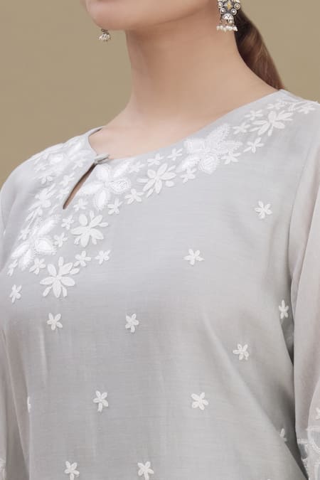 Surabhi Arya_Grey Kurta And Palazzo Chanderi Dupatta Chiffon Round Embroidered Set _at_Aza_Fashions