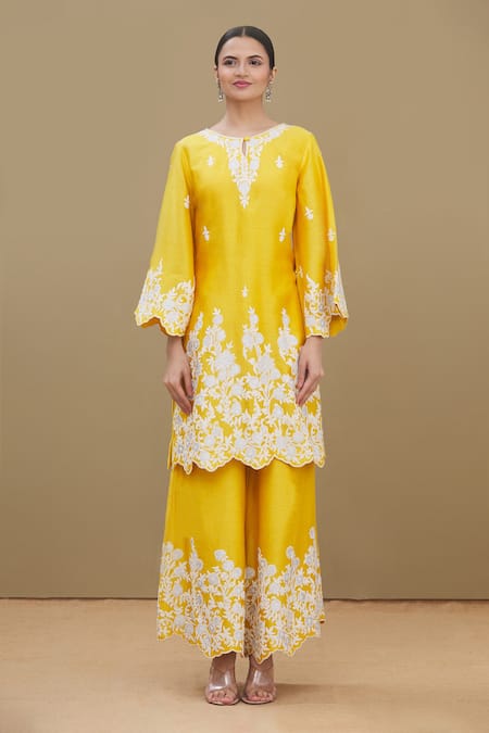 Surabhi Arya_Yellow Kurta And Palazzo Chanderi Dupatta Chiffon Round Embroidered Set_Online_at_Aza_Fashions