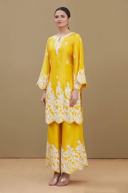 Buy_Surabhi Arya_Yellow Kurta And Palazzo Chanderi Dupatta Chiffon Round Embroidered Set_Online_at_Aza_Fashions