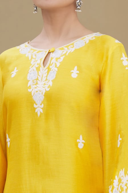 Shop_Surabhi Arya_Yellow Kurta And Palazzo Chanderi Dupatta Chiffon Round Embroidered Set_Online_at_Aza_Fashions