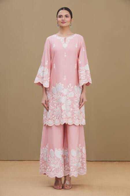Surabhi Arya_Pink Round Chanderi Embroidered Kurta Set_Online_at_Aza_Fashions