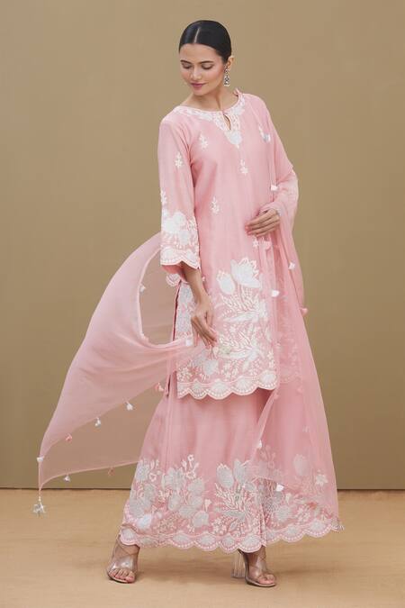 Buy_Surabhi Arya_Pink Round Chanderi Embroidered Kurta Set_Online_at_Aza_Fashions