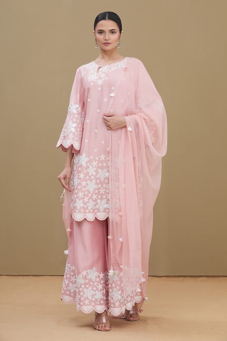 Buy_Surabhi Arya_Pink Round Chanderi Embroidered Kurta Set_Online_at_Aza_Fashions